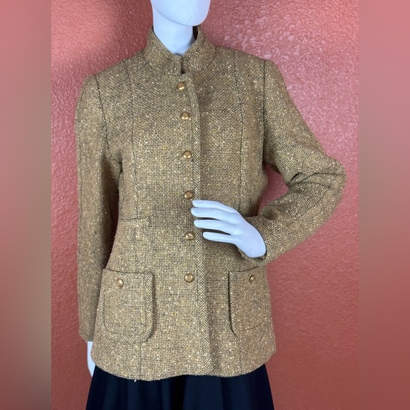 Carlisle Sz 12 Button Up Blazer Gold Beige Jacket Woven Boucle Specks High Neck - Picture 1 of 15